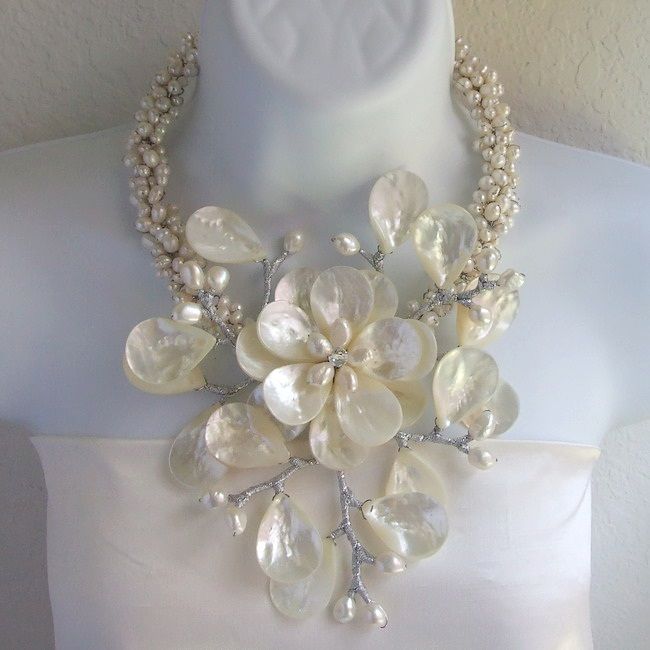 Colossal Floral Mother of Pearl 925 Silver Necklace  