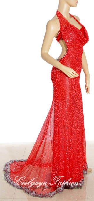 Wedding&Evening Party Red Lace Halter Gown Dress 054  