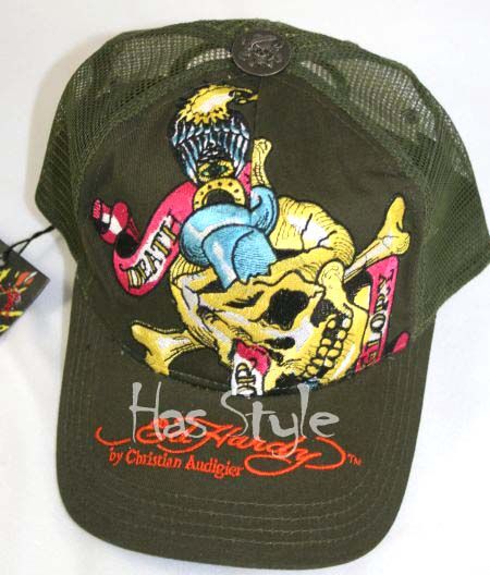 Ed Hardy Trucker Cap OLIVE Death or Glory Audigier  