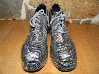 VINTAGE ORIGINAL 1970s MENS 9D SILVER HOLOGRAPHIC DISCO PLATFORM 