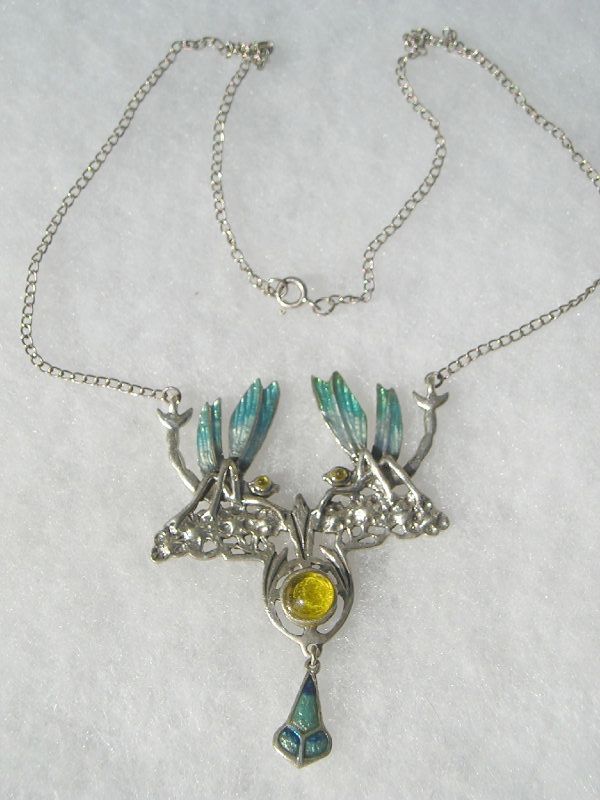 DECO NOUVEAU STERLING DRAGONFLY YELLOW STONE LAVALIER NECKLACE  