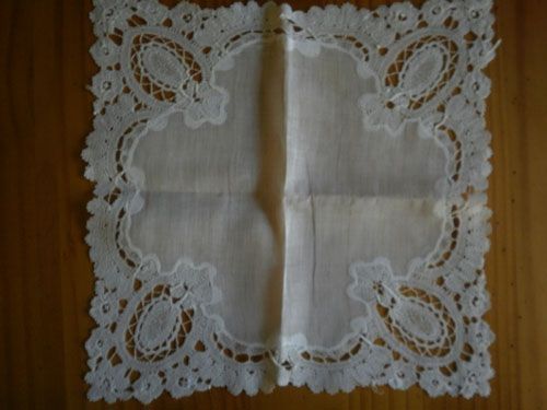 GORGEOUS FRENCH ANTIQUE HANDKERCHIEF with lace edging  handmade  