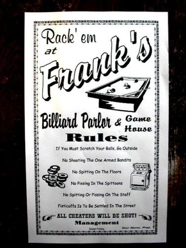 BILLIARD PARLOR BAR HOUSE RULES PERSONAL POSTER 18x29  