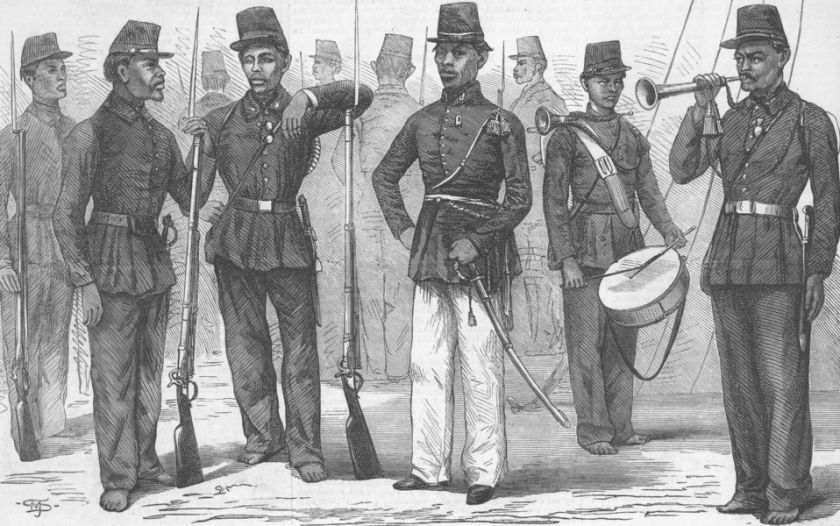 Caption below picture Malay soldiers under the Dutch at Sumatra 