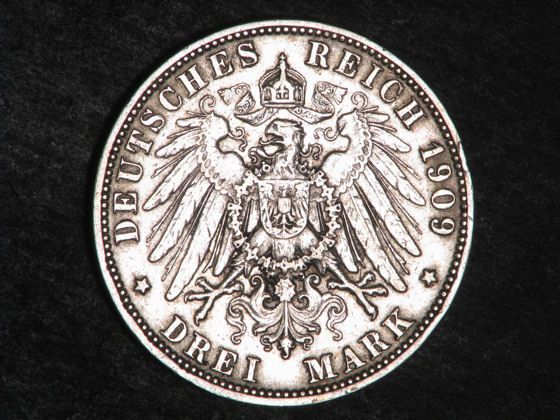 GERMANY WURTTEMBERG 1909F 3 Mark Silver VF  