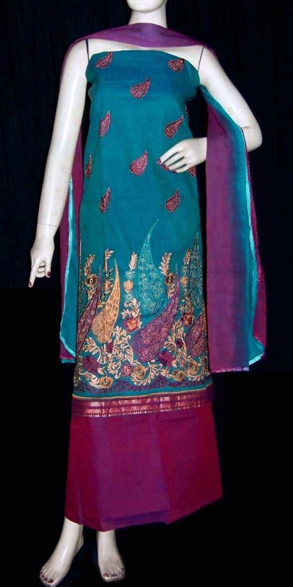 DRKTURQUOIS HANDLOOM COTTON SALWAR KAMEEZ SUIT MATERIAL w RESHAM EMBR 