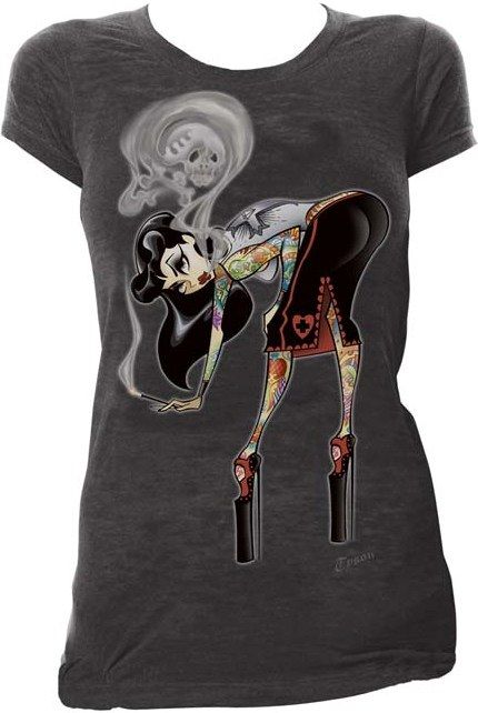 Womens Smoke by Tyson McAdoo Heathered Tee Grey Tattoo Pinup Chicana T 