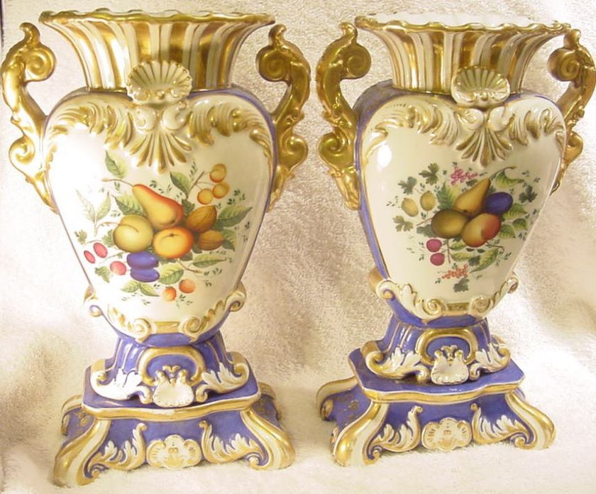 Antique Old Paris Porcelain Vases Handled Urns Floral Fruit Royal 