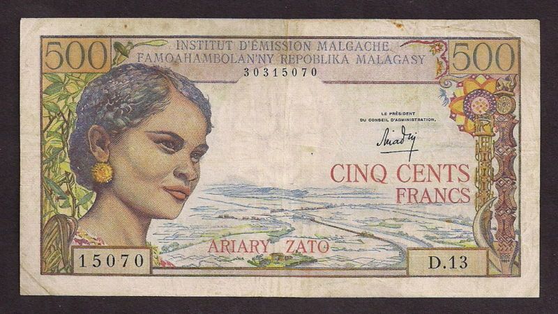 MADAGASCAR 1966 500 FRANCS P#58   5070 ** RARE **  