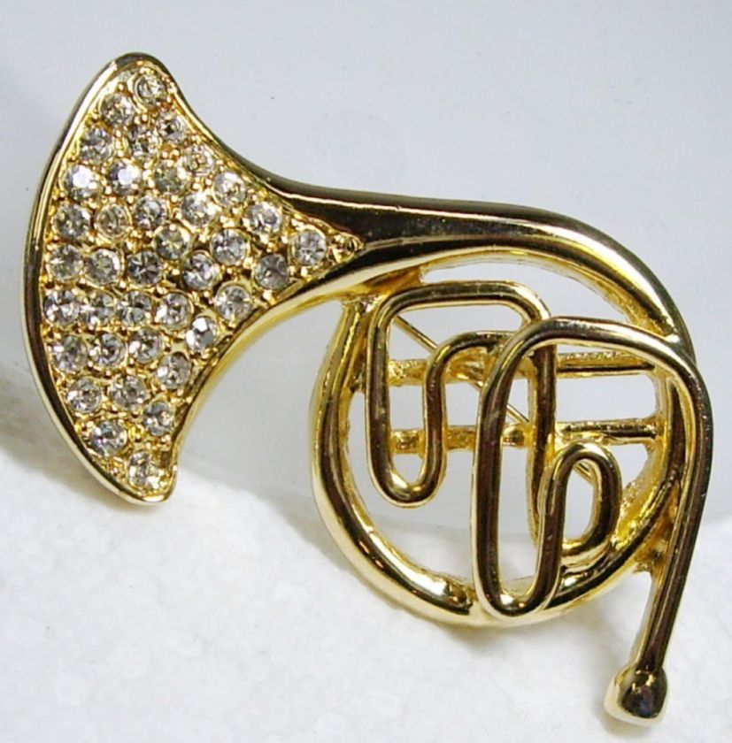 Vintage Goldtone Pave Set Swarovski Crystal Tuba or French Horn Shape 
