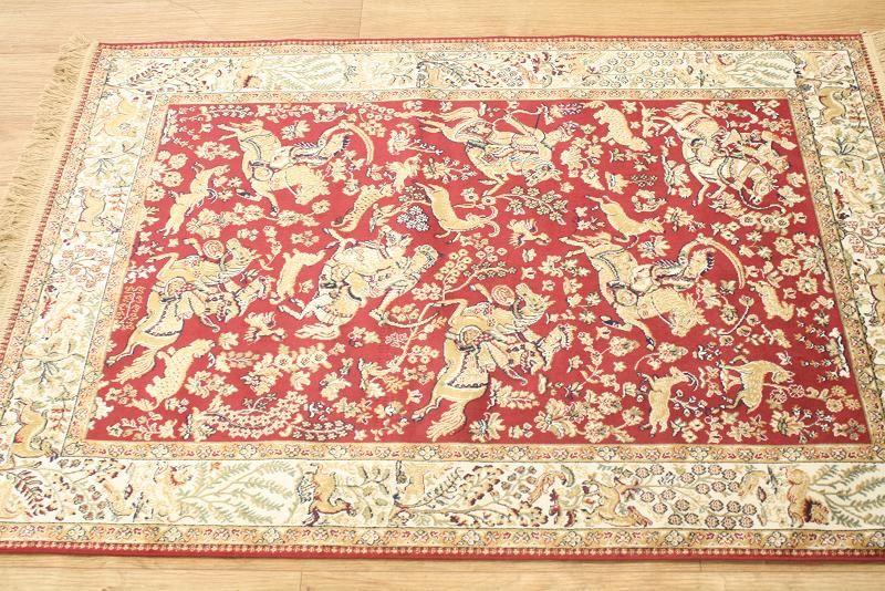 New Red Hunting Design 100% Silk Gum Ghom Persian Oriental Area Rug 