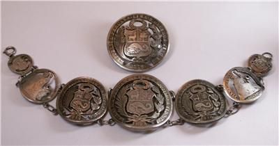 Antique Peruvian 900 Silver Coin Bracelet Pin Set 74.5g  