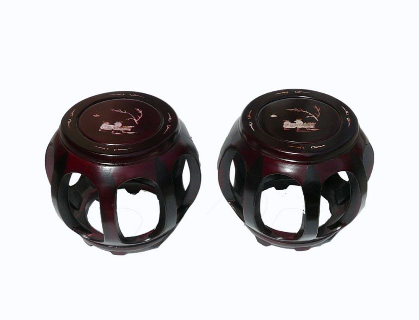 Pair Chinese Red Brown Stain Inlay Barrel Stools s1020  