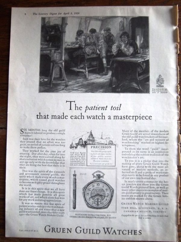 1926 Antique Gruen Guild Watches Watch Ad  