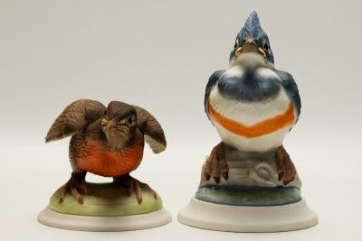   Hand Painted Bird Figurines #437M & 449H Kingfisher Baby Robin  