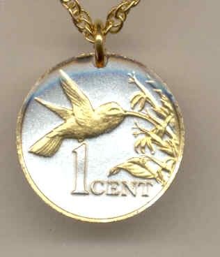 Gold on Silver Trinidad & Tobago 1¢ Hummingbird Pendant  