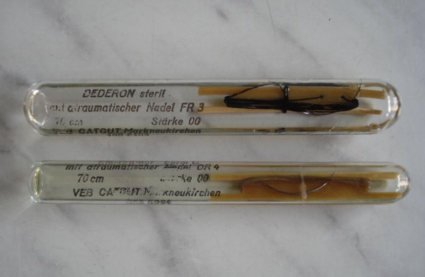 ANTIQUE GERMAN SURGICAL CATGUT THREAD IN 2 GLASS VIALS  