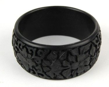 CINNABAR BRACELET Black Lotus Blossom Resin Wide Bangle  