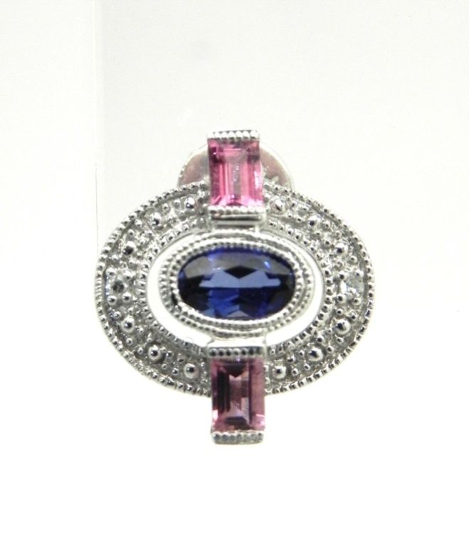 Eye Catching 14k W/G Blue & Pink Sapphire Diamond Accented Stud 