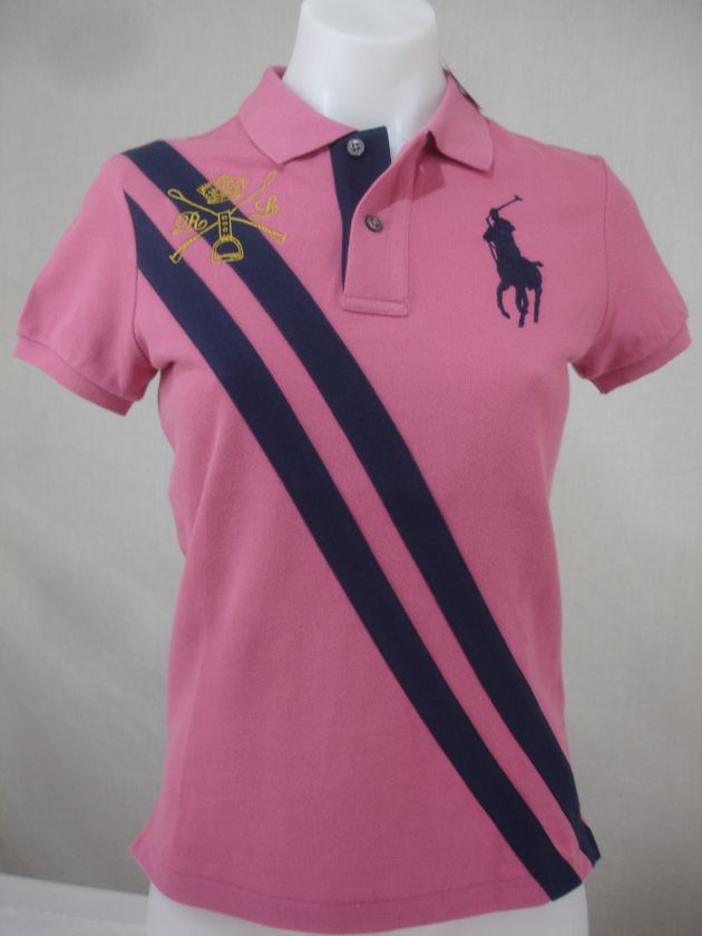 NWT Ralph Lauren Misses POLO SHIRT Big Pony Mallet Crest Pink Navy XS 