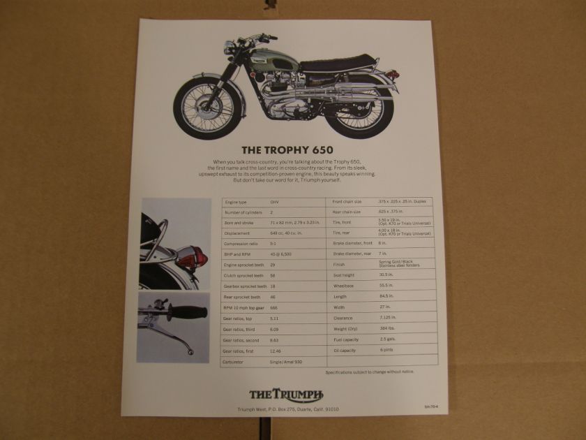 Two sided NOS Triumph Trophy 650 brochure. This came from an old 