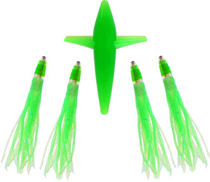 Saltwater Trolling Lure Kit, Green Bullet Lures, Bird, Squid Skirts, 5 