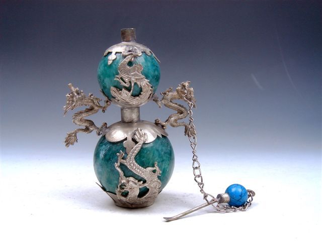 Ship From U.S* Tibetan Silver Dragon Phoenix Gourd Shaped Snuff 