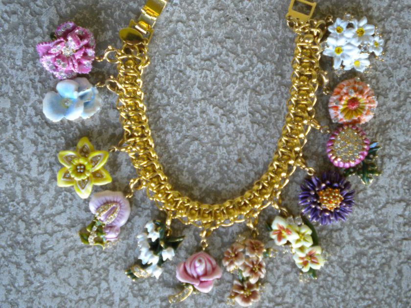    ENAMELED FLOWER OF THE MONTH CLUB CHARM BRACELET GoldTone  