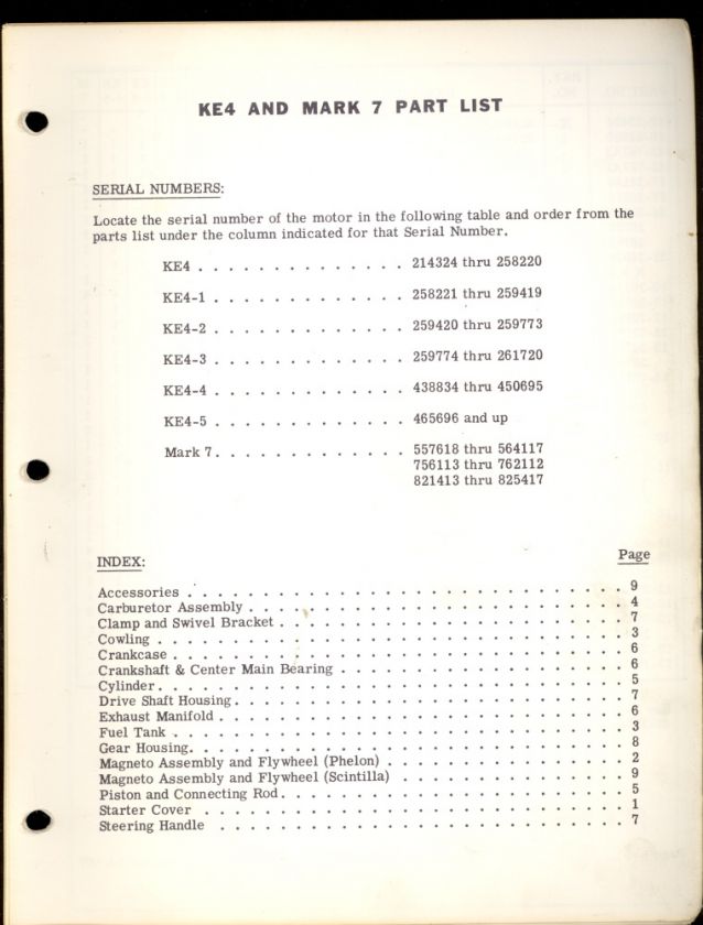 1959 MERCURY OUTBOARD KE4 / MARK 7 PARTS MANUAL / ORIGINAL  