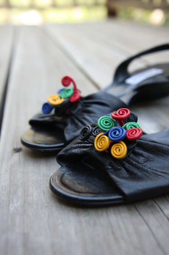 vintage rainbow BLACK LEATHER WEDGE SANDALS heels 10.5  