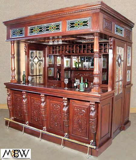   MAHOGANY Canopy HOME PUB BAR w/ 2 Doors, Marble & Stained Glass rmh