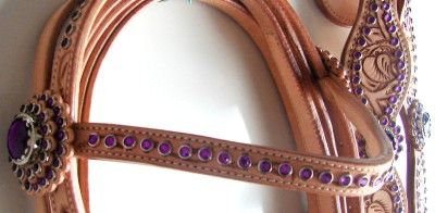   LEATHER WESTERN HEADSTALL Breastplate SHOW TACK PURPLE BLING NU  