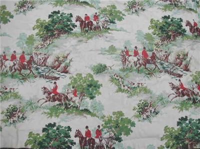 Gorgeous Fox Hunting Scene Barkcloth Fabric Tally Ho  