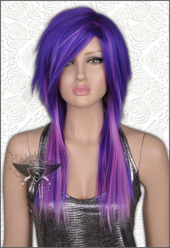 GW458 Blue Purple Gothic Long Hair Full Wig Psychobilly Unique Shining 