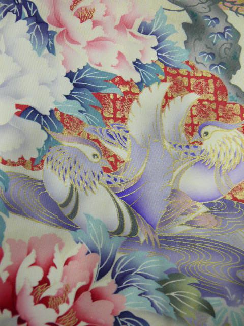 Pink Silk Furisode w/Iris, Ume, Botan, Peacock H45  