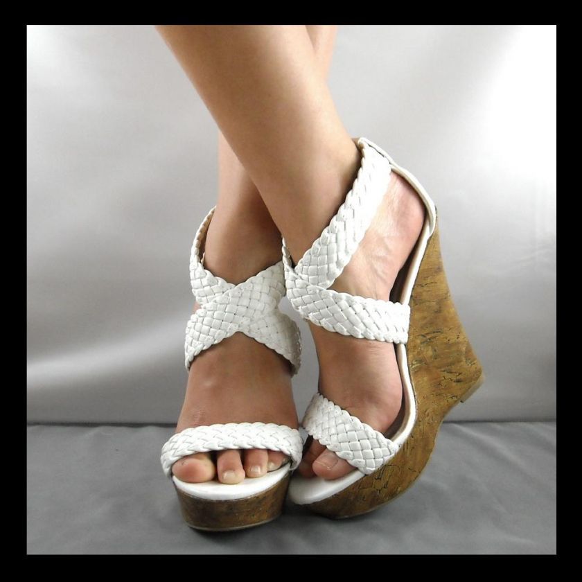 NEW WHITE BRAIDED STRAP HIGH WEDGE SANDAL  