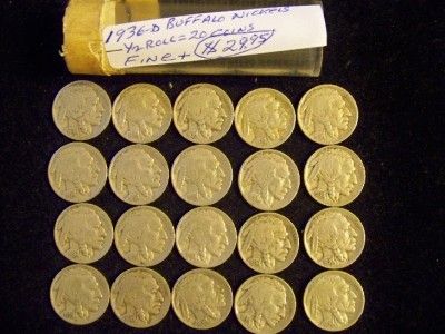 SHARP Half Roll (20)1936 D Buffalo Nickels FINE+ Check thes SHARP 