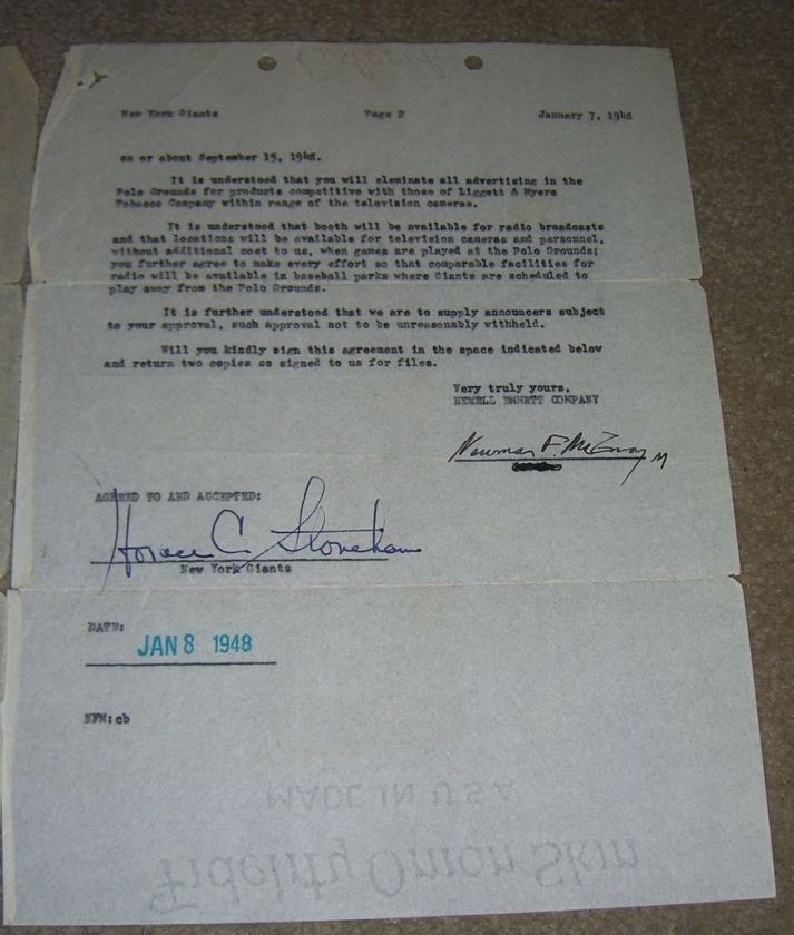 Horace Stoneham signed baseball contract NY Giants  