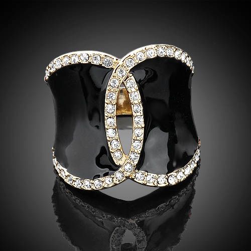 14K Gold Plated Gold tone,Pave Swarovski Crystal Black Enamel Ring 