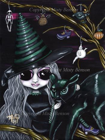 HALLOWEEN TREE~Gothic Big Eye Witch~Cat Art~8.5x11  