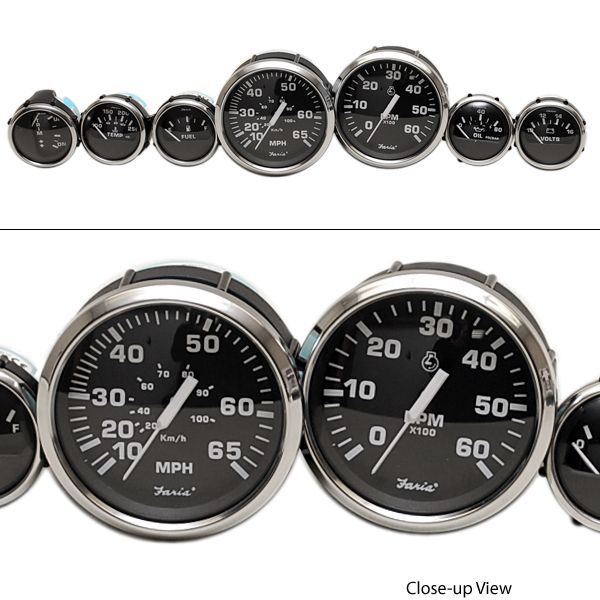 FARIA SILVER / BLACK 7 PIECE INBOARD / OUTBOARD BOAT GAUGE SET  