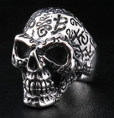 TATTOO SKULL BIG 925 STERLING SILVER BIKER RING Sz 9.5  