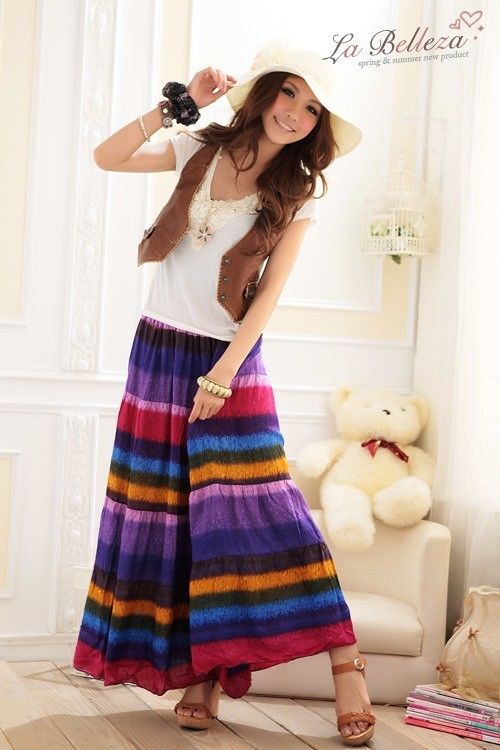   Rainbow Stripe Colorful Long Maxi Dress Summer #64 2 Colors  