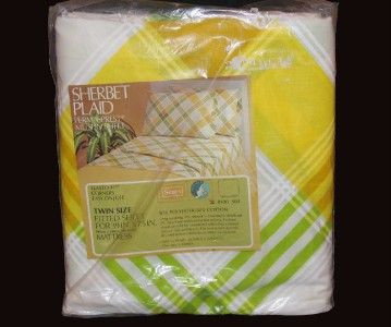 Vtg SHERBET PLAID Lime Green Yellow White Tones Twin Fitted & Flat 