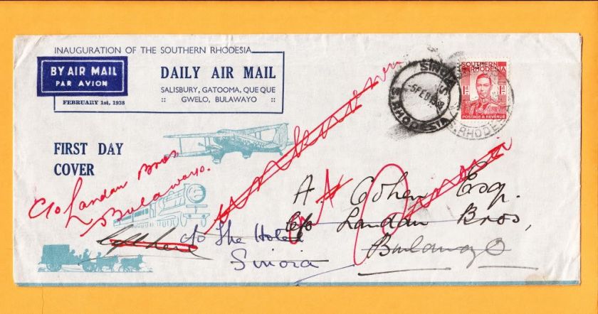 Southern Rhodesia First Daily Air Mail Cover George VI Forwarded 1938 