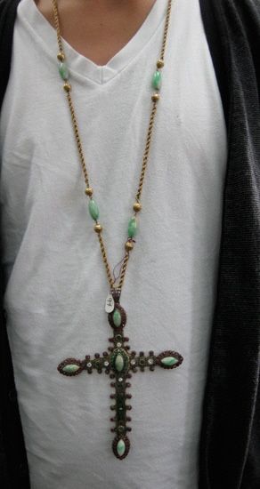 ANTIQUE EMERALD RUBY DIAMOND & JADE GOLD + SILVER CROSS  