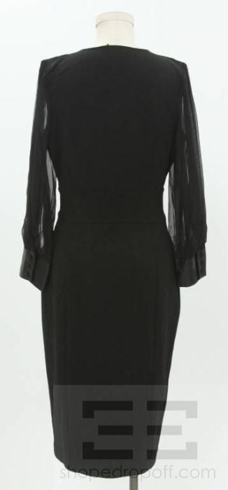 DVF Diane Von Furstenberg Black Knit & Sheer Silk V Neck Dress Size 10 