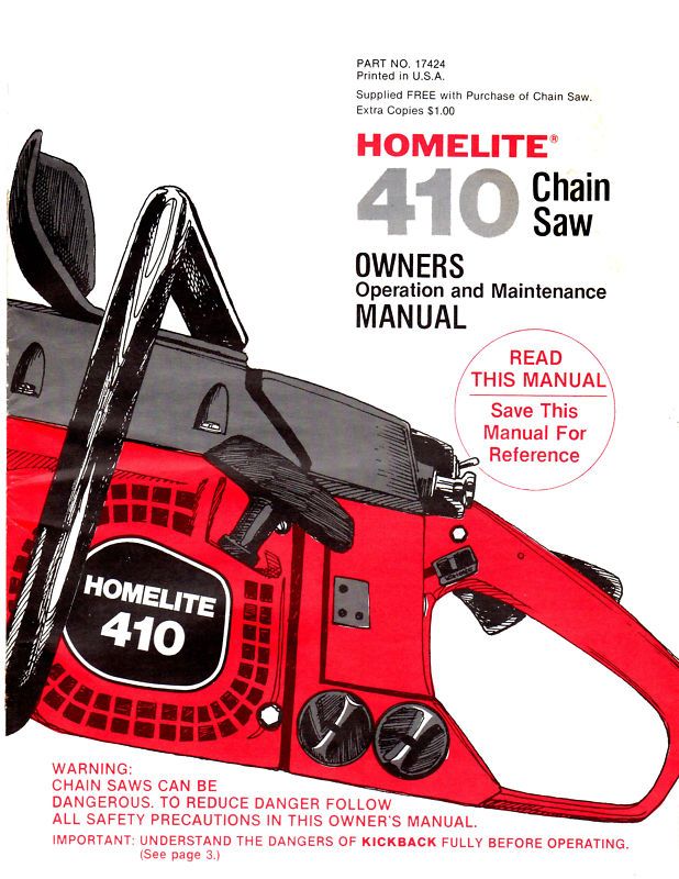 HOMELITE 410 CHAIN SAW OWNERS MANUAL & PARTS LIST  