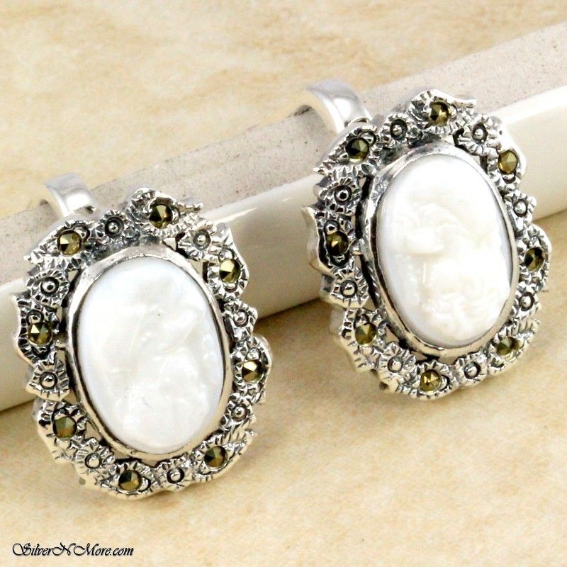 FANCY CAMEO MARCASITE 925 STERLING SILVER EARRINGS L436  