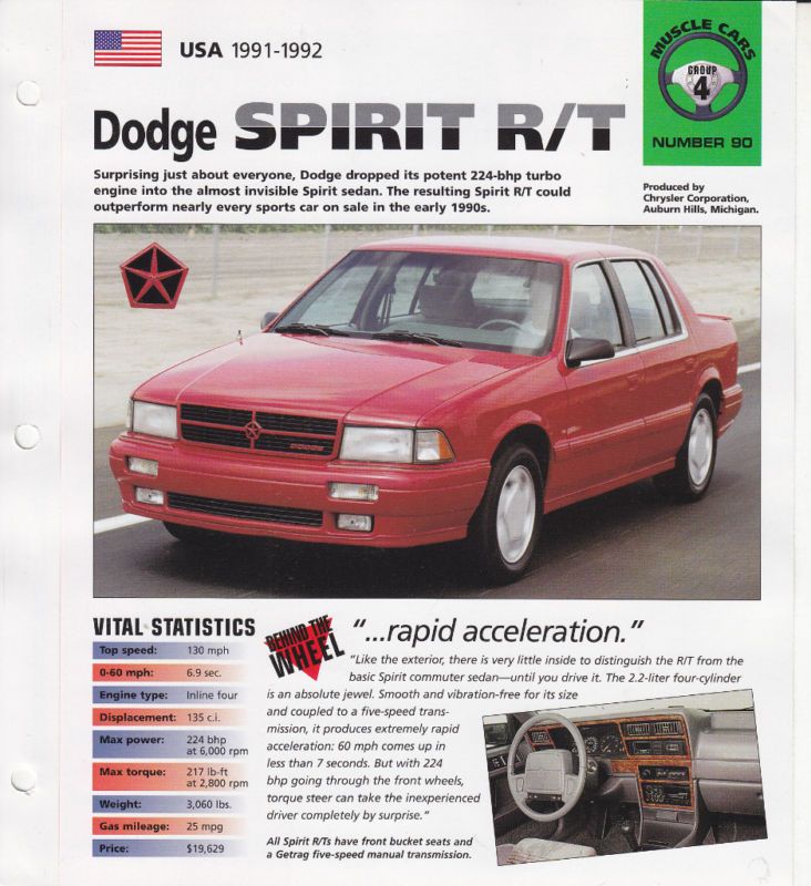 IMP info/photo card 1991 1992 Dodge Spirit R/T  